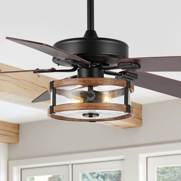 Joanna 52" Rustic Industrial Iron/Wood/Seeded Glass Mobile-App/Remote-Controlled LED Ceiling Fan - JONATHAN Y